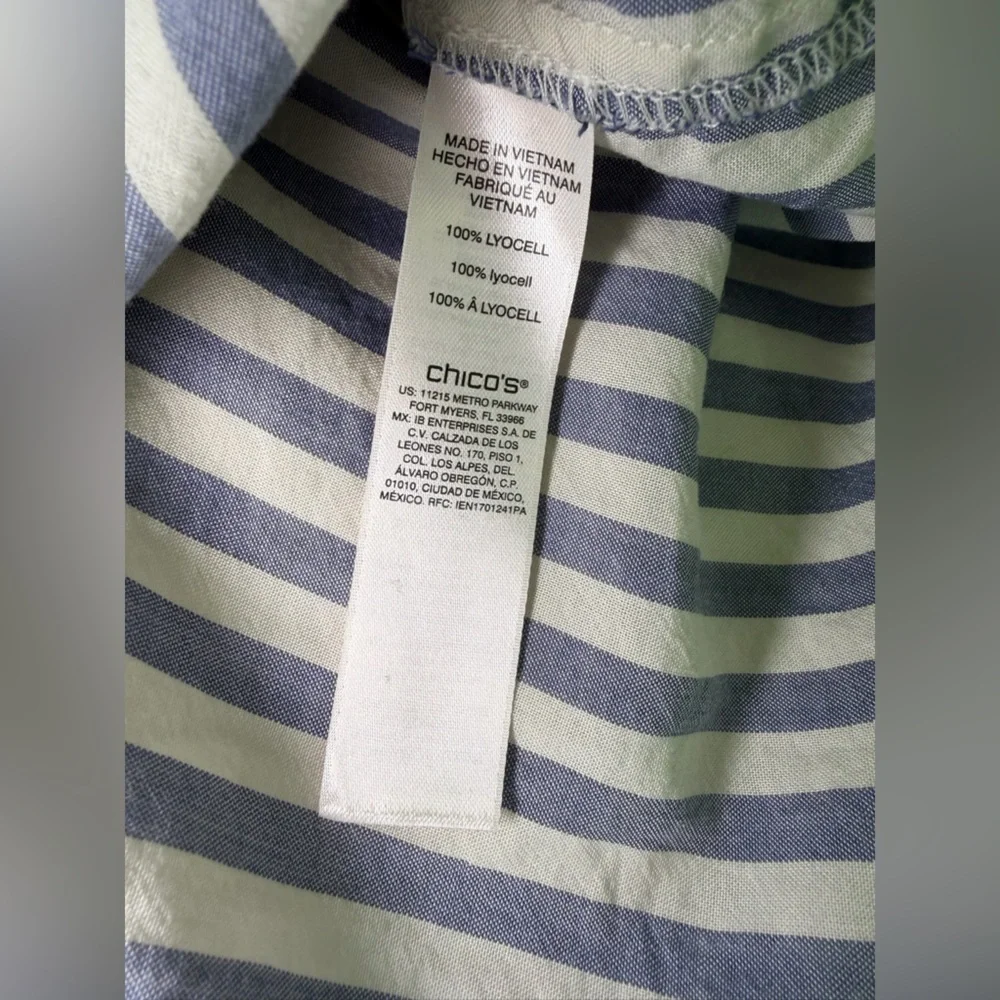 Chico's Nautical Blue Striped Poplin Tie Front Button Down Shirt Tunic Sz 3 - Picture 5 of 9